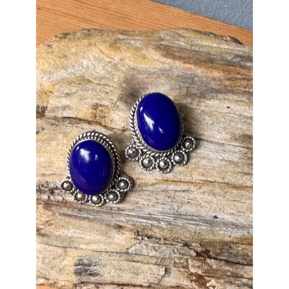 Sterling Silver Mexican Clip-On Earrings With Lapis Lazuli Style 17,25g - Picture 3 of 5